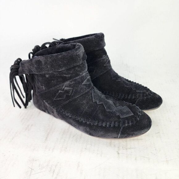 Saint Laurent Women's Nino Suede Fringe Boots US 6 Black Flat Ankle Bootie - Picture 4 of 11